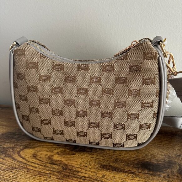 New Bebe Brown Grey Shoulder Bag Crossbody Gold Chain Pouch Sparkly Rhinestones - Picture 5 of 6